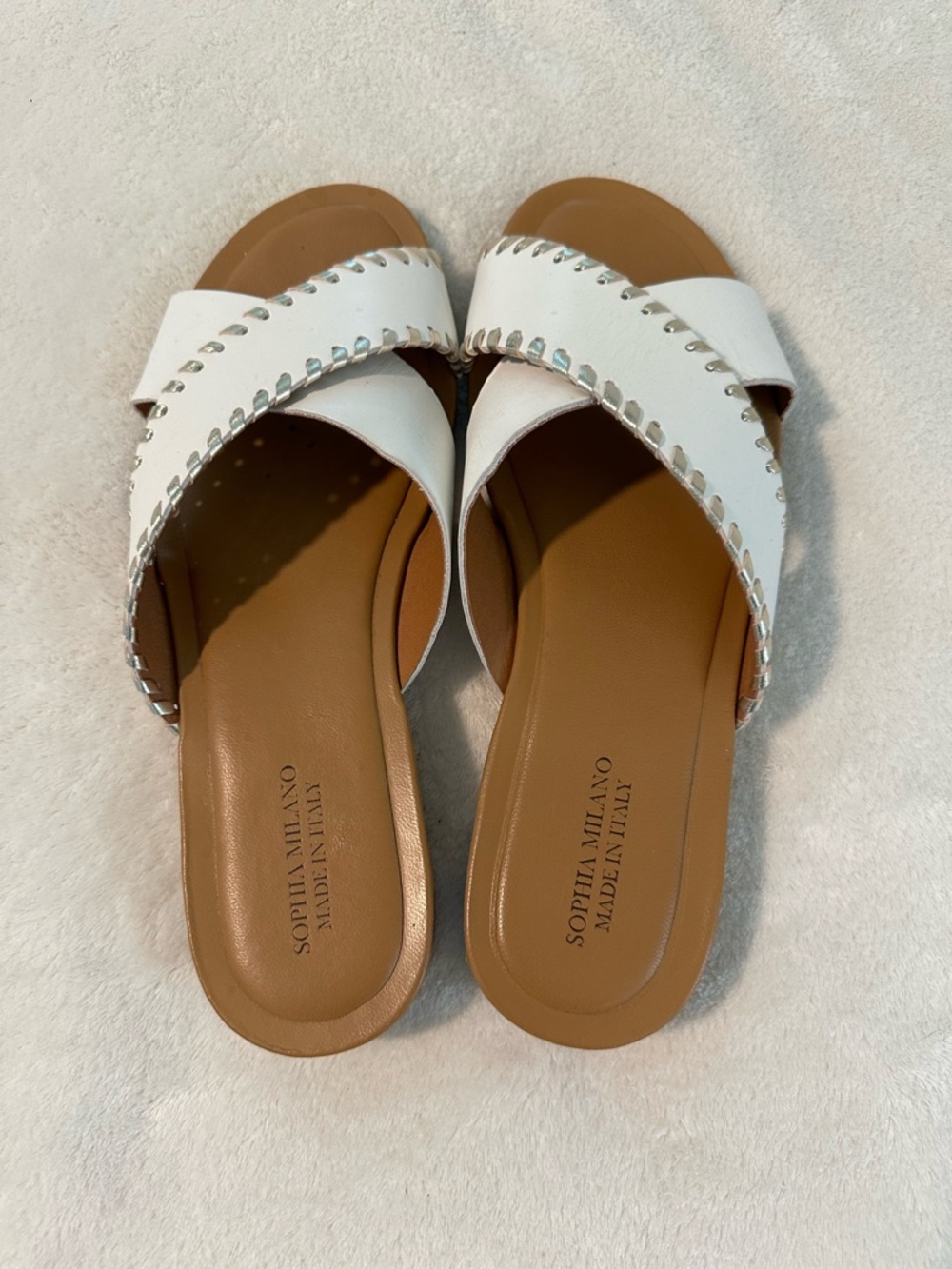 White Leather Crisscross Slide Sandals